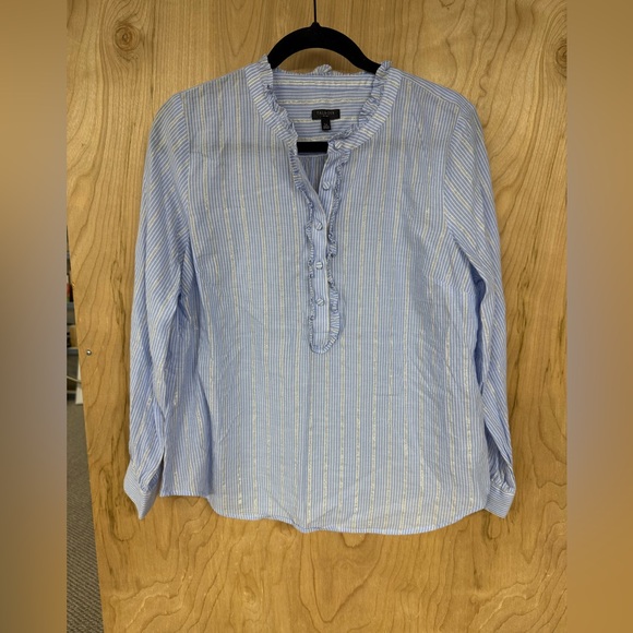 Talbots Womens Blue White Metallic Silver Striped Button Ruffled Shirt Lp - Picture 1 of 9